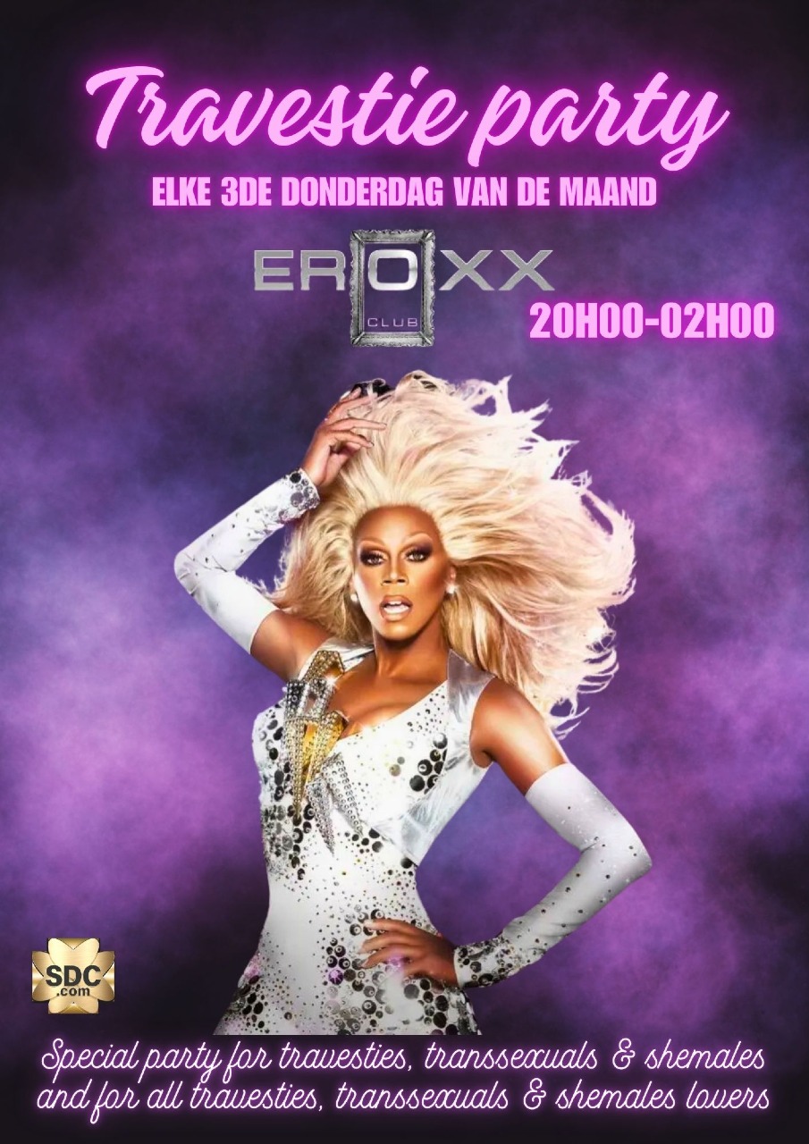 Image <p>Normaal is er elke 3e donderdag van de maand in Club Eroxx Travestie the place2be voor travestie en de liefhebbers ervan. Maar doordat de derde donderdag nu een feestdag is, zijn we genoodzaakt voor één keer deze party te organiseren de dag ervoor, dus op woensdag 14 augustus. Dag nadien verlof dus extra uitslapen!! Deze party is steeds druk bezocht door Travesties, Shemales, T-girls en Transgenders, maar ook door mannen en vele BI-koppels die het wel eens leuk vinden onder de travesties te begeven. Deze party is ook een aanrader voor wie zich eens op een iets meer kinky party wil begeven, want op deze party zijn er ook wel eens lak, leer, crossdressers fetisj liefhebbers aanwezig. Samen maken ze er steeds weer een unieke party van. Voor travesties de ideale gelegenheid om eens vrij uit te kunnen gaan zoals ze willen zijn, een babbel aan de toog, een dansje wagen op de dansvloer, zien en gezien worden. Voor de aanwezige mannen zijn er steeds wel gewillige travesties aanwezig. Iedereen is welkom en niemand is verplicht zich als travestie op te maken. Sex kan (maar moet niet) in de ruime en mooie relaxruimtes achter de dansvloer of in de sexcinema. . Je kan ook komen voor de shows of eens kennismaken met de wereld van travestie. Met muziek met hits van heden en verleden.&nbsp; Open van 20/02hr , prijs All-In (alle danken en vele warme en koude gerechten van het buffet dat open is van 20/23hr) Prijs koppels is 60€, single mannen betalen 80 en TV/Shemale maar 20€ .</p>