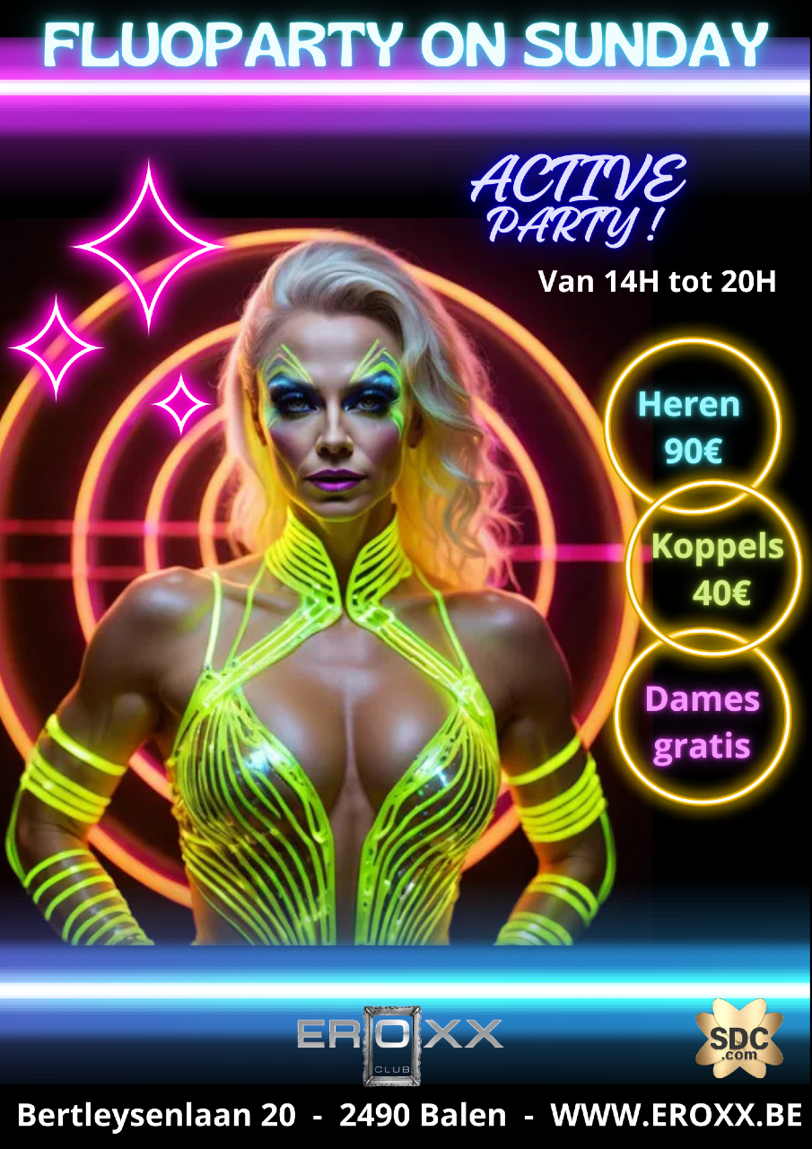 Image <p>&nbsp; Deze zondag organiseren we deze geile en lichtgevende FLUO- gangbang. Onze club zal veel donkerder zijn als normaal en zal iedereen licht geven in het donker!!&nbsp; Onze club wordt een groot Black Licht District. Uitsluitend actieve mensen want dit is een echte doeners party!! De droom voor elk actief koppel, single dame of heer, die verzot zijn op een actief seks-feest !! Dus mensen die een “lazy Sunday” verwachten zullen teleurgesteld zijn, want wij doen net het tegenovergestelde, actie en nog eens actie!! Om het karakter van dit sexfeestje niet te vertroebelen, accepteren we ook enkel actieve deelnemers, en daar wordt streng op toegezien. (Dus niet enkel seks hebben met uw vaste partner) Prijs omvat alle dranken en de diverse warme en koude gerechten van het, voor vandaag iets beperkter buffet dan dat we gewoon zijn in Eroxx. Buffet geopend van 15 tot 18hr. Party gaat door van 14 tot 20hr. Prijs ALL-IN.</p>