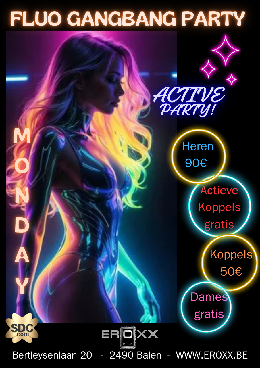 Image <p>&nbsp; Op deze maandagnamiddag organiseren we deze geile en lichtgevende FLUO XTREEM gangbang. Dit originele en super geil event zal, zoals al onze doordeweekse party, weer zeer druk bezocht worden. Onze club zal veel donkerder zijn als normaal en zullen onze sletjes licht geven in het donker!!&nbsp; Onze club wordt een groot Black Licht District !! Meer dan 6 uur durende NONSTOPSEXPARTY !!! En heren, in club Eroxx is er plaats en seks voor iedereen. We zorgen, zoals steeds in onze club, dat je helemaal leeg naar huis gaat, want daar komen jullie toch voor he!&nbsp; NERGENS vind je dit aan deze prijs van 90€, vergelijk zelf ons aanbod tegenover andere gangbang’s en je zal dit moeten beamen. Koppels die actief met de gangbang meedoen(dus niet enkel seks hebben met hun partner) mogen gratis binnen. Passieve koppels vragen we om spontaan 50€ te betalen bij binnenkomst.&nbsp;</p>