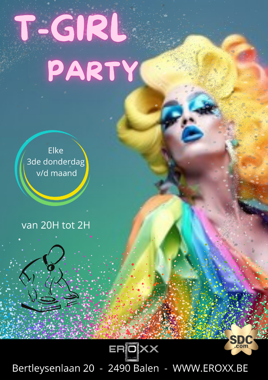 Image <p>Elke 3e donderdag van de maand is Club Eroxx Travestie the place2be voor travestie en de liefhebbers ervan, want dan organiseren we een weergaloze Tgirls- travestie-Night.&nbsp; Deze party is steeds druk bezocht door Travesties, Shemales, T-girls en Transgenders, maar ook door mannen en vele BI-koppels die het wel eens leuk vinden onder de travesties te begeven. Deze party is ook een aanrader voor wie zich eens op een iets meer kinky party wil begeven, want op deze party zijn er ook wel eens lak, leer, crossdressers en fetisj liefhebbers aanwezig. Samen maken ze er steeds weer een unieke party van. Voor travesties de ideale gelegenheid om eens vrij uit te kunnen gaan zoals ze willen zijn, een babbel aan de toog, een dansje wagen op de dansvloer, zien en gezien worden. Voor de aanwezige mannen zijn er steeds wel gewillige travesties aanwezig. Iedereen is welkom en niemand is verplicht zich als travestie op te maken. Sex kan (maar moet niet) in de ruime en mooie relaxruimtes achter de dansvloer of in de sexcinema. . Je kan ook komen voor de shows of eens kennismaken met de wereld van travestie. Met muziek op hits van heden en verleden. Open van 20ht tot 02hr , prijs All-In (alle danken en vele warme en koude gerechten van het buffet dat open is van 20hr tot 22hr.&nbsp;</p><p>Prijs koppels&nbsp; €60&nbsp;</p><p>single mannen €80&nbsp;</p><p>TV/Shemale maar 20€ .&nbsp;</p>